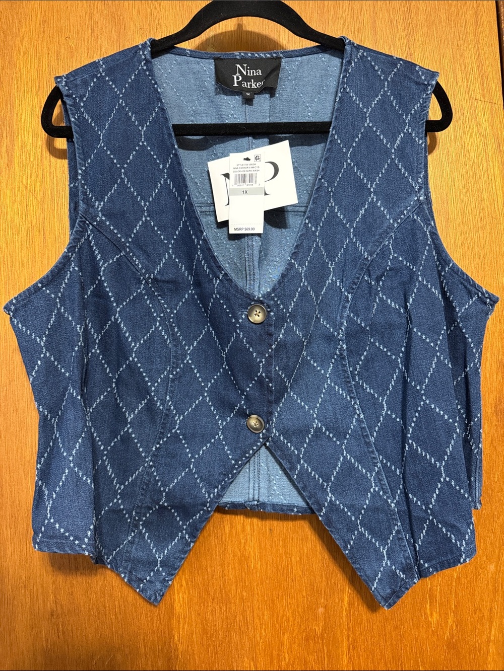 Nina Parker Blue Diamond-Pattern Denim Vest